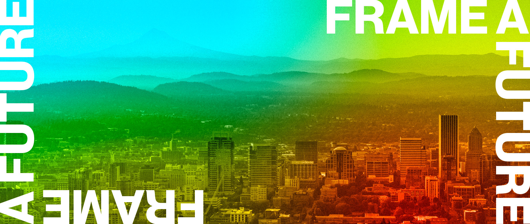 Birds-eye view of Portland, Oregon in a gradient of blue, lime green and orange. 